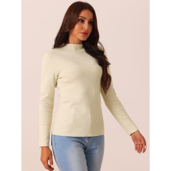 Fall Winter Long Sleeve Ribbed Knit Slim Fit Pullover Sweater Top Beige - Picture 2 of 5